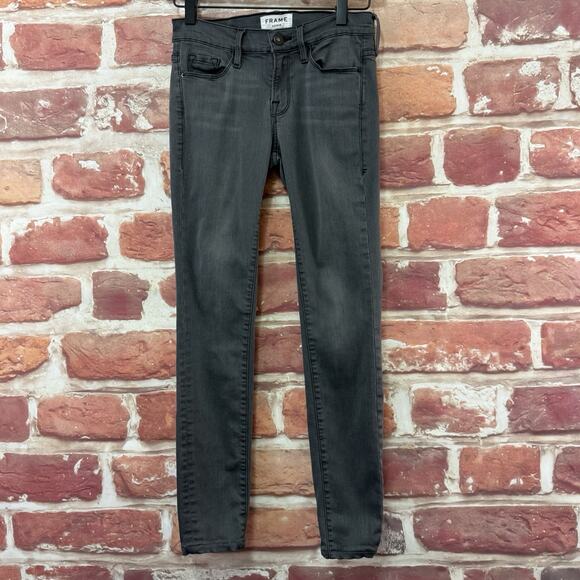 Frame Le Skinny De Jeanne Jeans Women's 25 Gray Distressed Stretchy Zip Up Pants - Picture 1 of 12